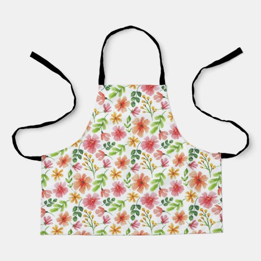 ウォーターカラー ピンクの花 パターン エプロン (正面)
