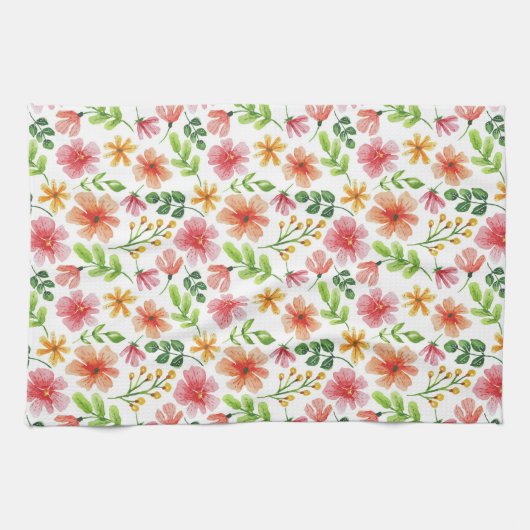 ウォーターカラー ピンクの花 パターン キッチンタオル (横)