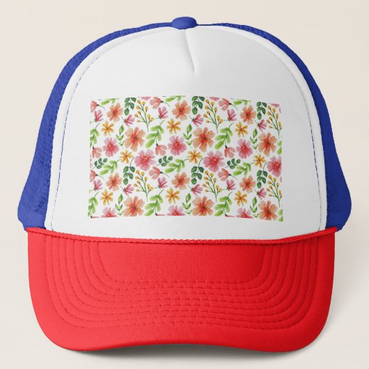 ウォーターカラー ピンクの花 パターン キャップ (正面)