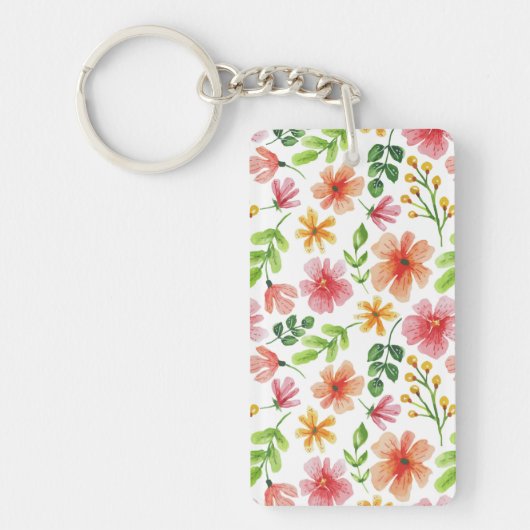 ウォーターカラー ピンクの花 パターン キーホルダー (正面)