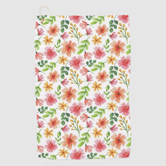 ウォーターカラー ピンクの花 パターン ゴルフタオル (正面)