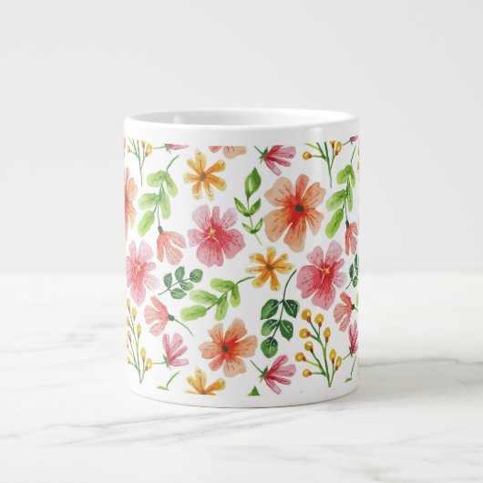 ウォーターカラー ピンクの花 パターン ジャンボコーヒーマグカップ (正面)