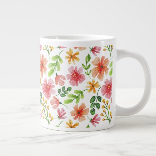 ウォーターカラー ピンクの花 パターン ジャンボコーヒーマグカップ (右)
