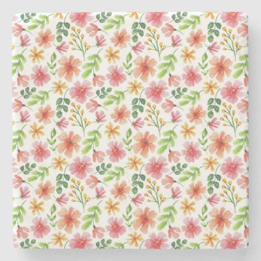 ウォーターカラー ピンクの花 パターン ストーンコースター (正面)