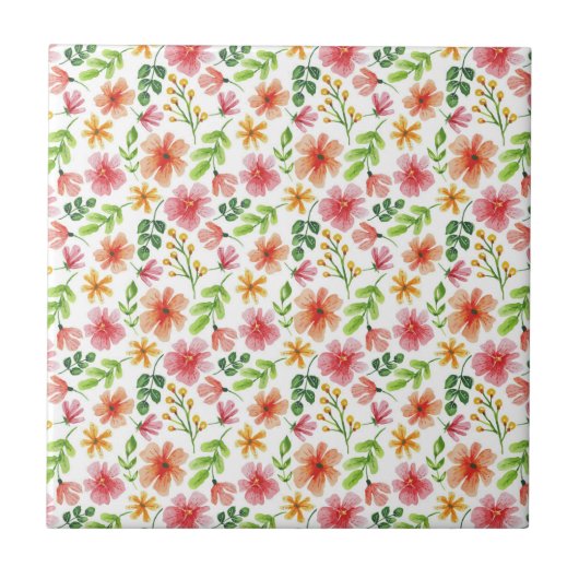 ウォーターカラー ピンクの花 パターン タイル (正面)