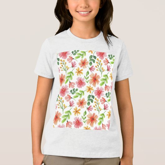 ウォーターカラー ピンクの花 パターン トライブレンドＴシャツ (正面)