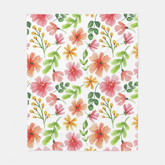 ウォーターカラー ピンクの花 パターン フリースブランケット (正面)