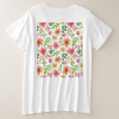 ウォーターカラー ピンクの花 パターン プラスサイズTシャツ (デザイン裏面)