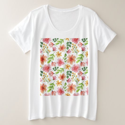 ウォーターカラー ピンクの花 パターン プラスサイズTシャツ (デザイン正面)