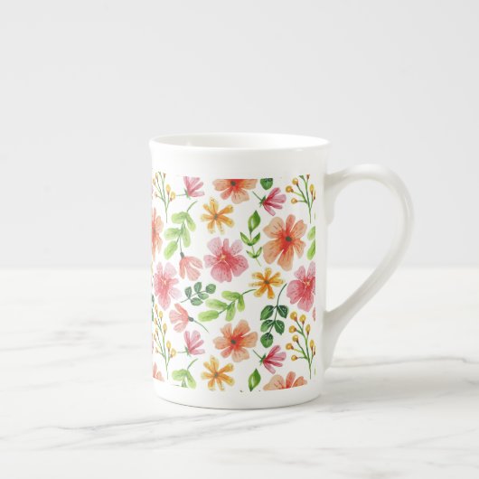 ウォーターカラー ピンクの花 パターン ボーンチャイナマグカップ (右)