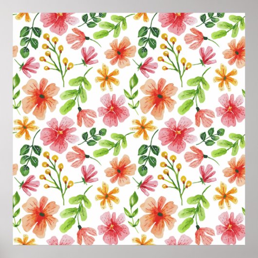 ウォーターカラー ピンクの花 パターン ポスター (正面)