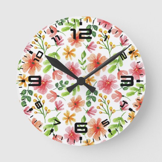 ウォーターカラー ピンクの花 パターン ラウンド壁時計 (正面)