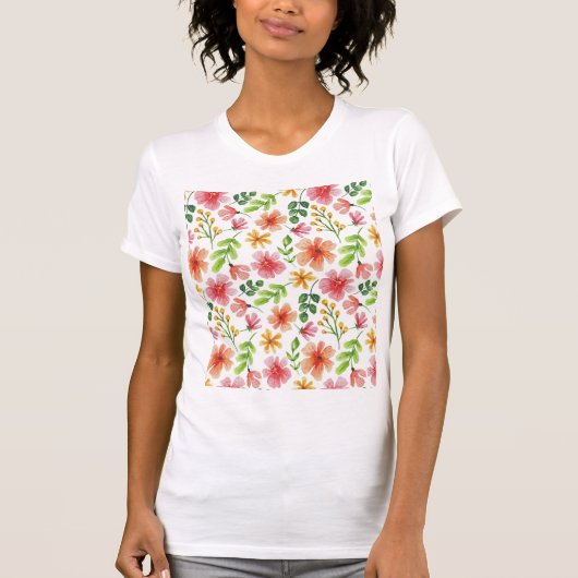 ウォーターカラー ピンクの花 パターン Tシャツ (正面)