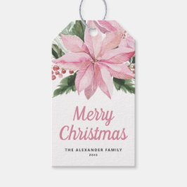 ウォーターカラー ピンクポインセチアとベリーのクリスマス ギフトタグ