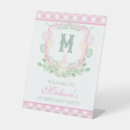 ウォーターカラー ピンク 1歳の誕生日 モノグラム クラウン パーティー 台座サイン