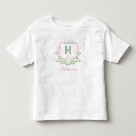 ウォーターカラー ピンク 1歳の誕生日 モノグラム クレスト ギフト トドラーTシャツ (正面)