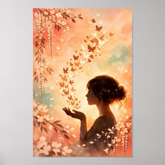 ウォーターカラー ピーチの花と蝶のシルエットガール ポスター (正面)