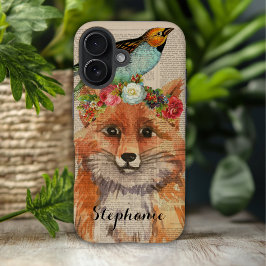 ウォーターカラー・フォクシー・フラワーフレンズ・パーソナライズドネーム iPhone 16ケース