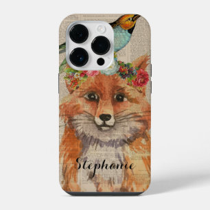 ウォーターカラー+フォックス+フラワーのコラージュ 名前入り iPhone 14 PROケース