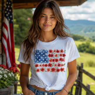 ウォーターカラー フラワー アメリカ国旗 母国愛 花 Tシャツ