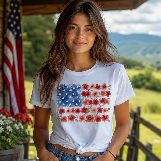 ウォーターカラー フラワー アメリカ国旗 母国愛 花 Tシャツ
