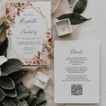 ウォーターカラー+フラワー+ゴールドQRコード+結婚式
