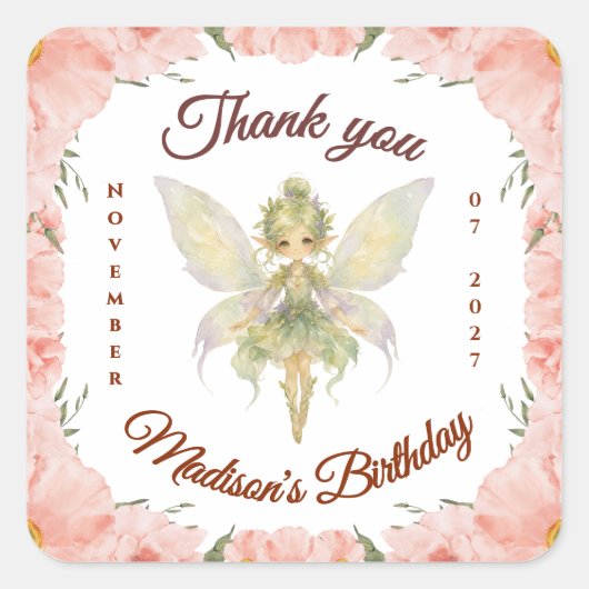 ウォーターカラー フラワー フェアリーの誕生日 スクエアシール (正面)