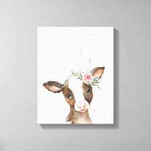 ウォーターカラー フラワー ブラウンカウ, 赤ちゃん動物アート キャンバスプリント