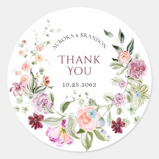 ウォーターカラー フラワー Thank You ウェディング ステッカー (正面)