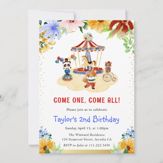 ウォーターカラー フローラル かわいいサーカス動物 誕生日 招待状 (正面)