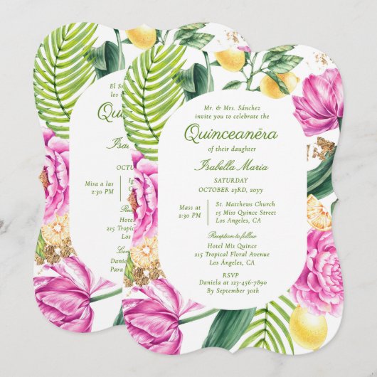 ウォーターカラー フローラル スペイン語併記 Quinceañera 招待状 (正面/裏面)