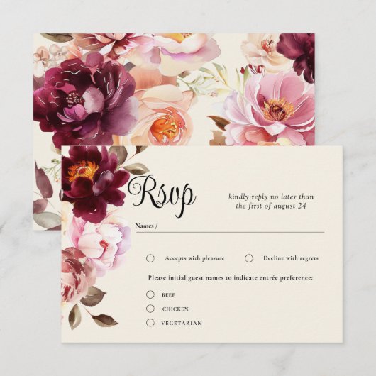 ウォーターカラー フローラル ブルゴーニュ 結婚式 RSVP カード (正面/裏面)
