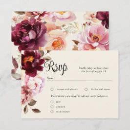 ウォーターカラー フローラル ブルゴーニュ 結婚式 RSVP カード
