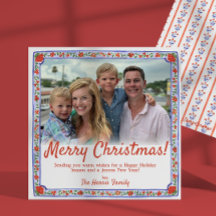 ウォーターカラー フローラル ブロックプリント 写真入りクリスマスカード