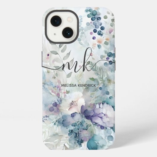 ウォーターカラー フローラル ベリー シダ モノグラム 名前 iPhoneケース (裏面)