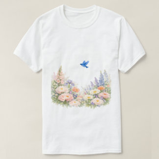 ウォーターカラー フローラル ワイルドフラワー メドウ ブルーバード Tシャツ