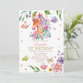 ウォーターカラー フローラル 蝶 ポニー ストライプ 誕生日  招待状 (スタンド正面)