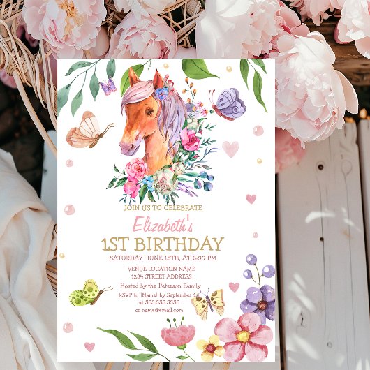 ウォーターカラー フローラル 蝶 ポニー ストライプ 誕生日  招待状