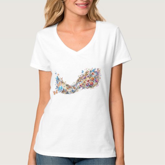 ウォーターカラー フローラル 蝶 波 アブストラクト Tシャツ (正面)