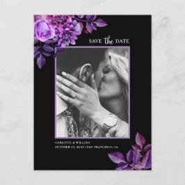ウォーターカラー ブラック パープル フラワー Save the Date ポストカード