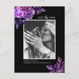ウォーターカラー ブラック パープル フラワー Save the Date ポストカード