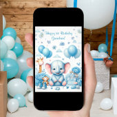 ウォーターカラー ベイビーブルー ゾウ 1歳の誕生日 カード