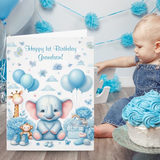 ウォーターカラー ベイビーブルー ゾウ 1歳の誕生日 カード