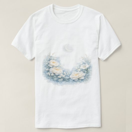 ウォーターカラー ホワイト ピオニー 三日月 セレスチャル Tシャツ (デザイン正面)