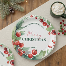 ウォーターカラー・ホーリーと赤い実のリース クリスマス