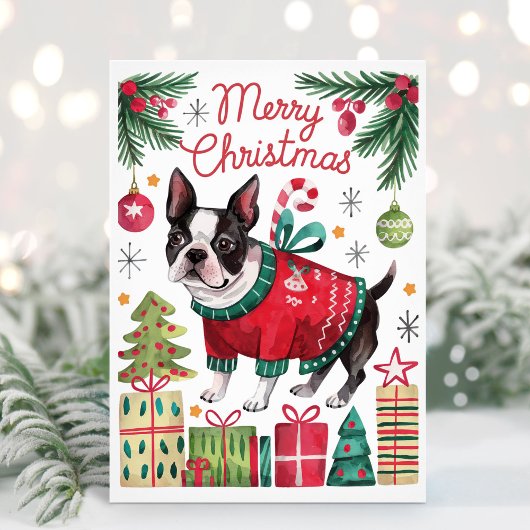 ウォーターカラー ボストンテリア クリスマスカード
