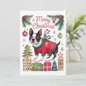 ウォーターカラー ボストンテリア クリスマスカード (スタンド正面)