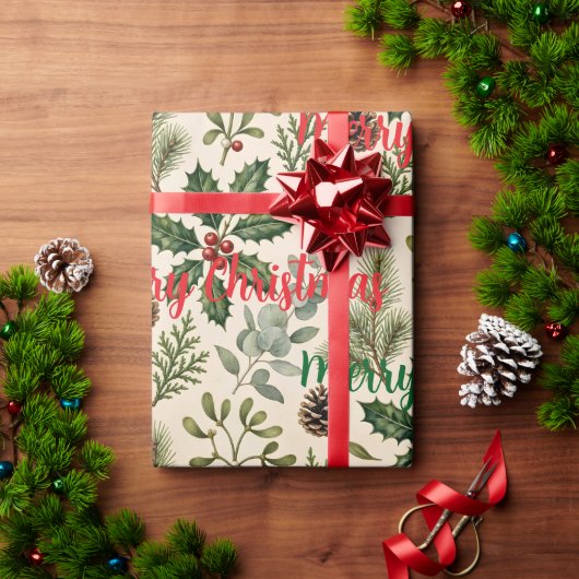 ウォーターカラー ボタニカル クリスマス ラッピングペーパー (クリスマスギフト)