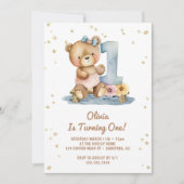 ウォーターカラー・ボホーテディベア 1歳の誕生日 招待状 (正面)