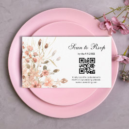 ウォーターカラー ボホ ピンク フラワー RSVP QRコード ウェディング エンクロージャーカード